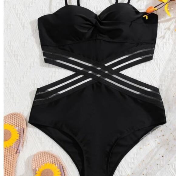 CRISS CROSS One Piece Bathing Suit Sz XL BLACK Glam Avante Garde Push Padded NEW - Picture 1 of 13